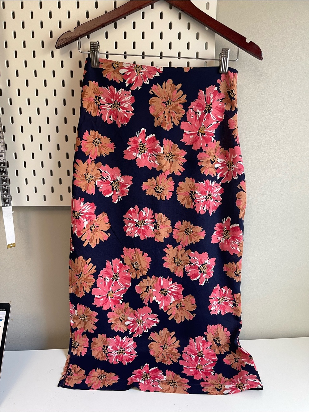 Reformation Navy Pencil Skirt with Pink & Peach Floral Print